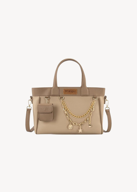 WRANGLER COLOR BLOCK TOTE WITH CHAIN CHARM & MINI POUCH -CAQUI