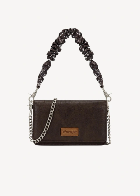 WRANGLER DUAL STRAP BANDANA RUCHED FLAP CROSSBODY WALLET BAG - COFFEE