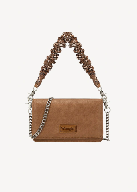 WRANGLER DUAL STRAP BANDANA RUCHED FLAP CROSSBODY WALLET BAG - BROWN