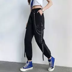 Calças femininas elastanos de cintura alta, calças harém, calças punk jogger na internet