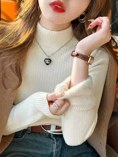 Imagem do Camisola de gola alta feminina inverno 2025 retrô vermelho com forro de veludo