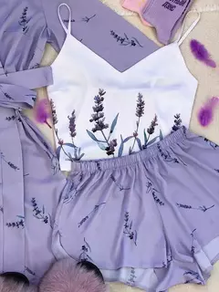 Conjunto de pijamas de cetim de seda feminino verão pijamas lavanda flor impres na internet