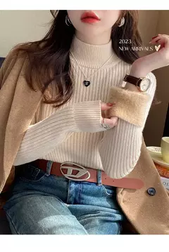 Camisola de gola alta feminina inverno 2025 retrô vermelho com forro de veludo - loja online