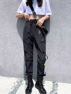 Calças femininas elastanos de cintura alta, calças harém, calças punk jogger