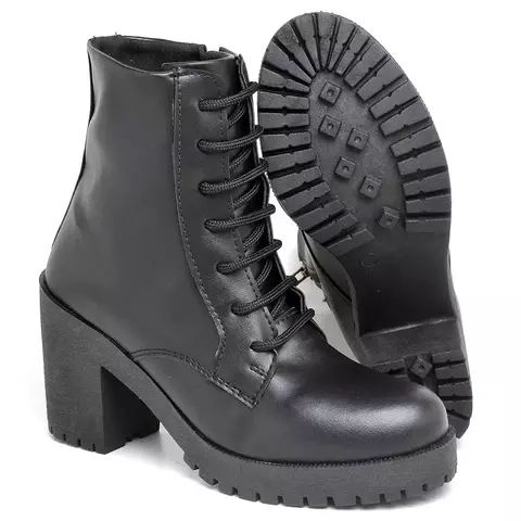 Bota Coturno Cano Curto Feminina Casual Lisa com Salto Alto Quadrado Tratorado