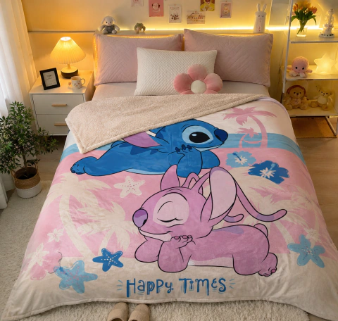 Frazada Manta Corderito Infantil Stitch & Angel 1 1/2 Plaza – Abrigo Máximo y Suavidad Premium