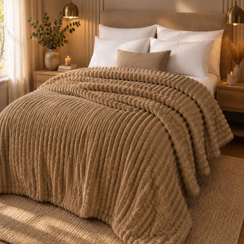 Frazada Flannel 230x240 Chill & Home Deluxe Cuadraditos Queen-Beige Oscuro