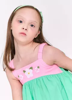 VESTIDO FLORAL AURORA VERDE E ROSA - Carretel Kids