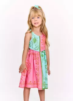 VESTIDO LENCO TROPICAL ROSA E VERDE - Carretel Kids