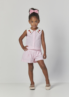 CONJUNTO FEM INFANTIL CAMISA E SHORT XADREZ MORANGO