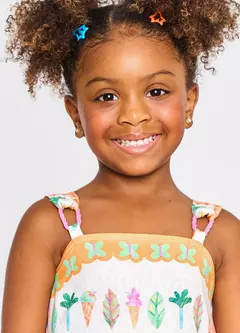 VESTIDO DELICIAS DE VERAO OFF WHITE E LARANJA - Carretel Kids