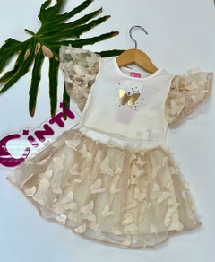 Conjunto Infantil Cinti Verão com Saia em Tule e Blusa Dourada de Borboletas