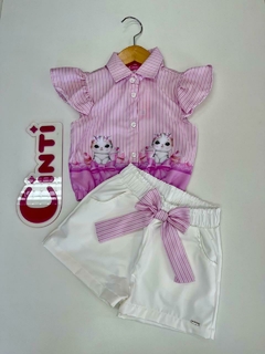 Conjunto Infantil Cinti Verão Shorts e Camisete Gatinha Lilás