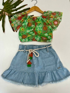 Conjunto Infantil Kukie Alecrim Verão Saia e Blusa Verde Tule Flor - Santana Kids | Moda Infantil