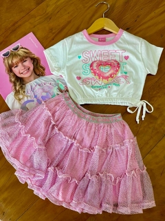 Conjunto Infantil Cinti Verão com Saia Rosa em Tela e Blusa Branca Rosquinha