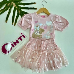 Conjunto Infantil Cinti Verão com Saia em Tule e Blusa Rosa Ursinha Love