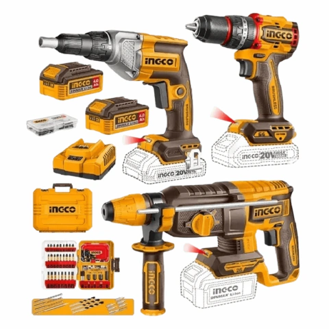 Combo Inalámbrico Ingco 20V 3 En 1: Atornillador Drywall + Taladro + Rotomartillo