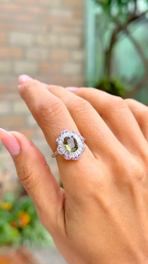 ANEL CRISTAL PERIDOTO ZIRCONIA ROSA ZIRCONIA BRANCA OVAL BORDADO SEMI TAM 14