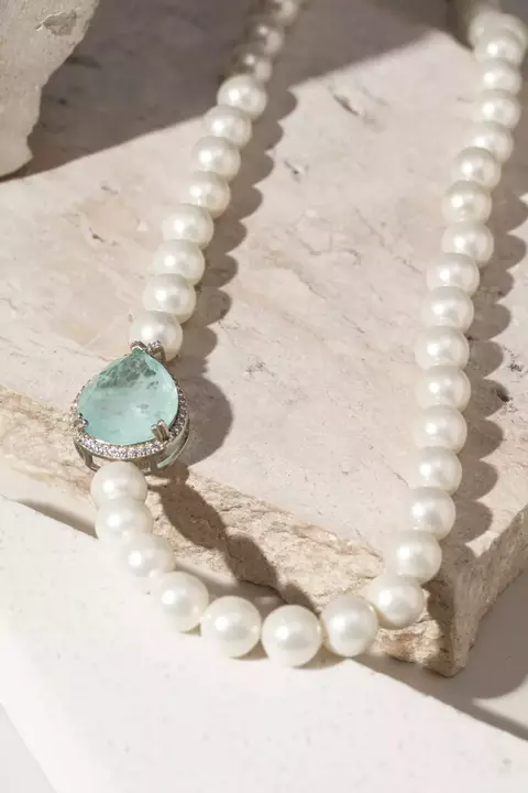 COLAR FUSION TURMALINA LIGHT PEROLA ZIRCONIA BRANCA GOTA COM CRAVAÇÃO EM GARRAS PRATA 925