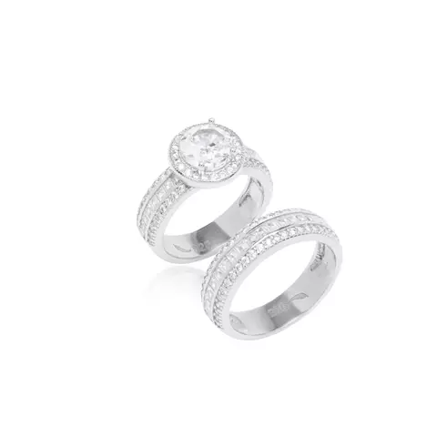 ANEL ZIRCONIA BRANCA DUPLO COM BAGUETES PRATA 925