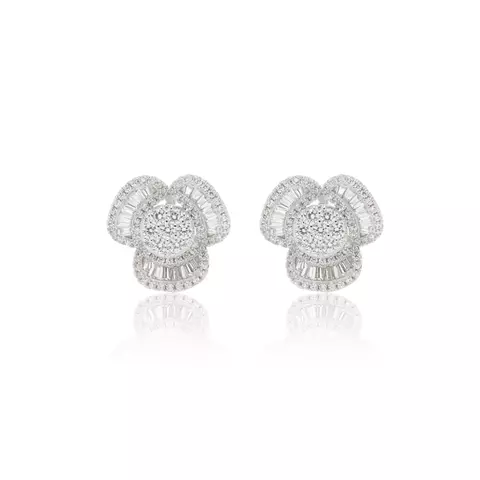 BRINCO ZIRCONIA BRANCA FLOR DE BAGUETES PRATA 925