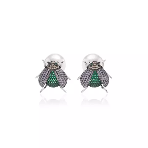 BRINCO ZIRCONIA VERDE ZIRCONIA ROXA ZIRCONIA CHAMPAGNE BUG COM FECHO PEROLA BANHO RODIO