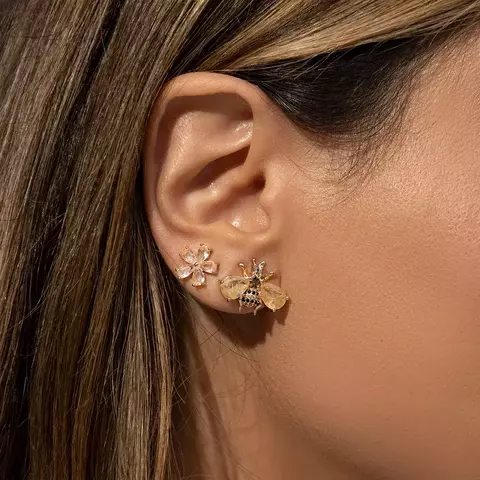 Brinco Kit Abelha e Flor com Cristal Rutilado, Cristal Morganita e Cristal Peridoto - Banho de Ouro 18k