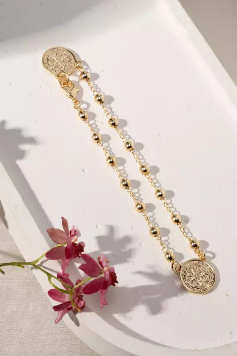 PULSEIRA FOLHEADO LISO MEDALHA DUPLA SÃO BENTO 18CM