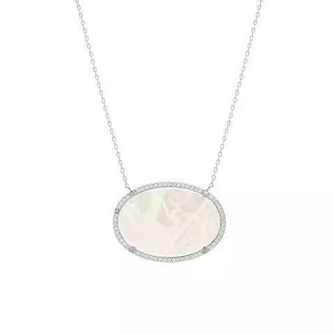 COLAR MADREPEROLA ZIRCONIA BRANCA OVAL GRANDE SEMIJOIA BANHO RODIO