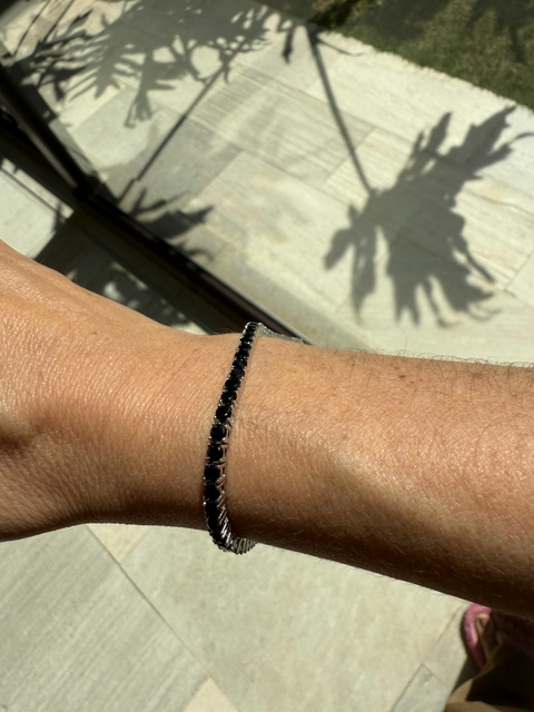 PULSEIRA RIVIERA ZIRCONIAS NEGRAS BLACK 20CM 3MM 4 GARRAS PRATA 925