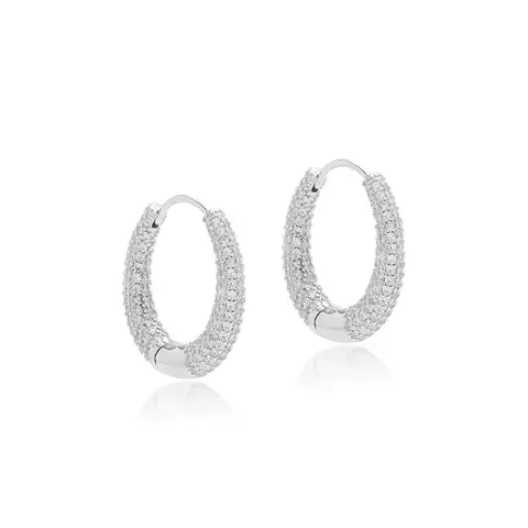 BRINCO ZIRCONIA BRANCA ARGOLA OVAL TODA CRAVEJADA PRATA 925