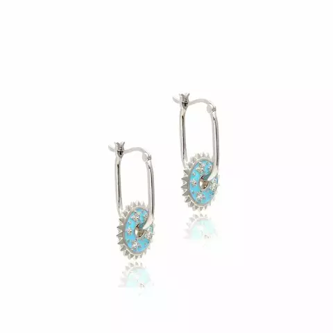 Brinco Estrelas Esmalte Azul Pingente Redondo Banho de Ródio Branco
