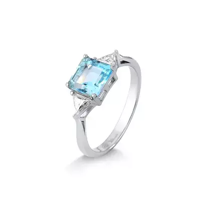 ANEL MOISSANITE COM TOPAZIO AZUL QUADRADO EM PRATA 925 COM BA