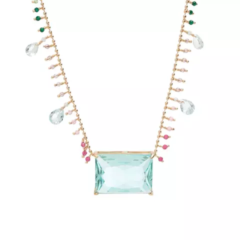 COLAR CRISTAL TOPAZIO AZUL CRISTAL TURMALINA ROSA CRISTAL ESMERALDA RETANGULO COM CACHOS