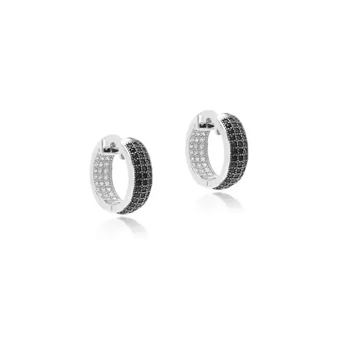 BRINCO ZIRCONIA NEGRA ZIRCONIA BRANCA ARGOLA 15MM INTEIRA CRAVEJADA PRATA 925
