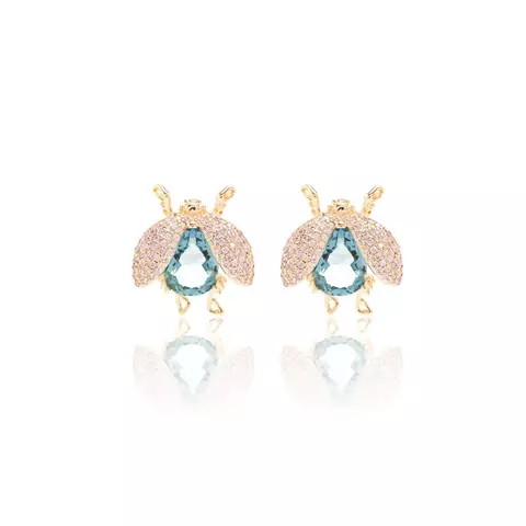 BRINCO CRISTAL LONDON BLUE ZIRCONIA ROSA BUG BANHO OURO