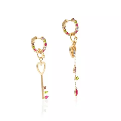 Brinco argola cristal rubi cristal peridoto cristal tanzanita coração e chave
