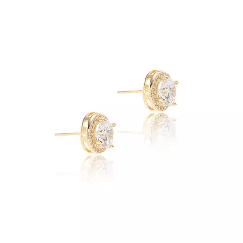 BRINCO ZIRCONIA BRANCA TOP PONTO DE LUZ CRAVAÇÃO HALO EM GARRAS BANHO OURO 18K