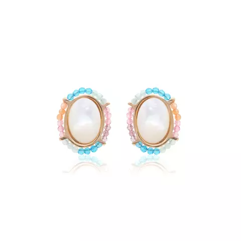BRINCO OVAL MADREPÉROLA CRISTAL TOPÁZIO AZUL BANHO DE OURO 18K NANO GOLD