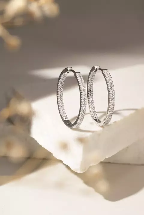 BRINCO PRATA 925 ZIRCONIA BRANCA ARGOLA DUAS LINHAS CRAVEJADA