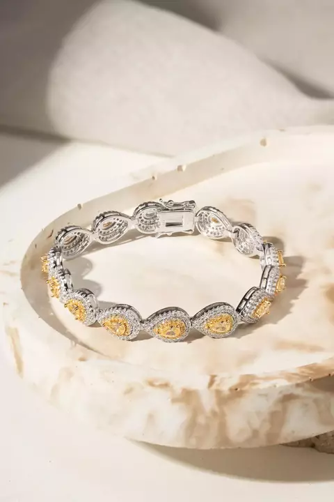 PULSEIRA ZIRCONIA FANCY YELLOW ZIRCONIA CÚBICAS BRANCA RIVIERA INTEIRA DE GOTAS PRATA 925