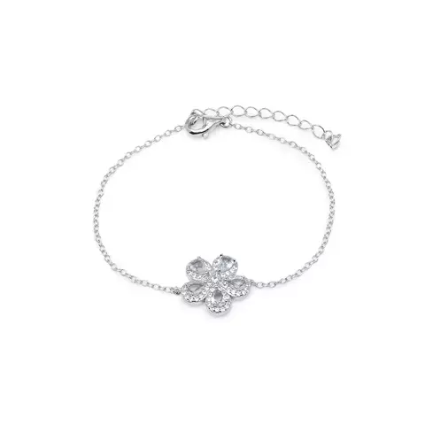 PULSEIRA CRISTAL LONDON BLUE ZIRCONIA BRANCA FLOR 5 PETALAS DE GOTAS PRATA 925 - 19CM