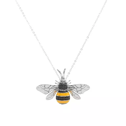 Colar Broche Abelha com Zircônia Negra e Esmalte/Resina - 45cm - Banho de Ródio Branco