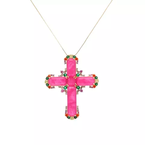 Colar cruz cravejada fusion turmalina rosa banho de ouro 18k 51cm