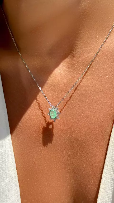 COLAR FUSION ESMERALDA COLOMBIANA ZIRCONIA BRANCA OVALZINHO PRATA 925