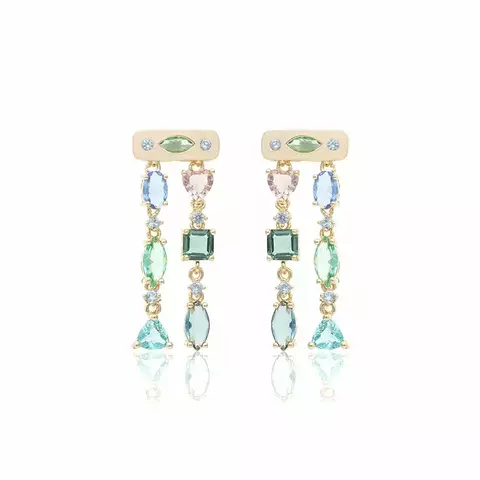 BRINCO CORTINA FORMAS CRISTAL PARAÍBA BANHO DE OURO 18K NANO GOLD