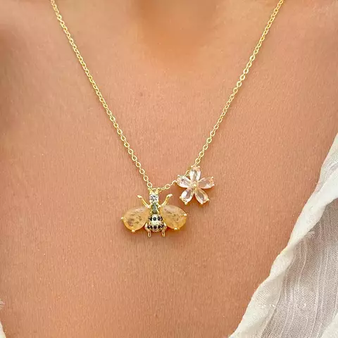 Colar Escapulário Abelha com Cristal Rutilado, Cristal Morganita e Cristal