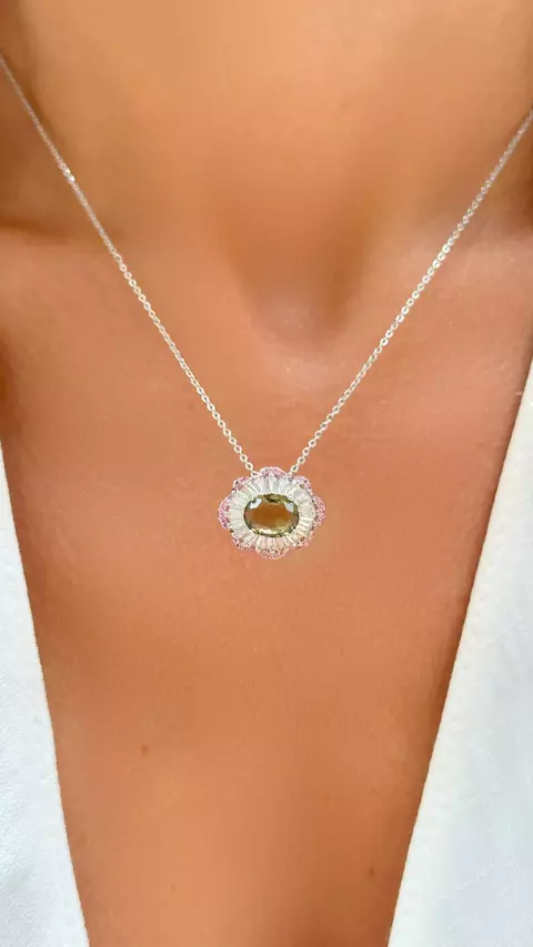 COLAR CRISTAL PERIDOTO ZIRCONIA ROSA ZIRCONIA BRANCA OVAL BORDADO SEMI 55CM