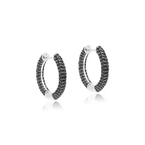 BRINCO ZIRCONIA NEGRA ARGOLA 18MM TODA CRAVEJADA PRATA 925