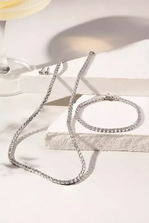 COLAR PRATA 925 SAFIRA INCOLOR RIVIERA 3MM 4 GARRAS PEDRA NATURAL